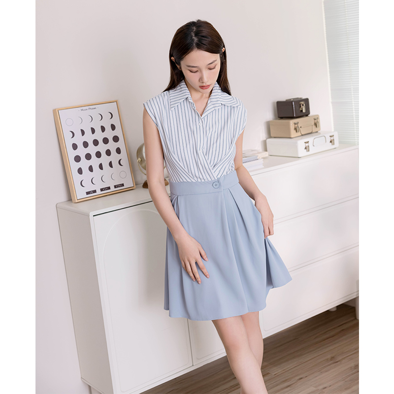 HOME SHOP【初夏新品】HS 條紋質感短洋裝 淺藍 (M)