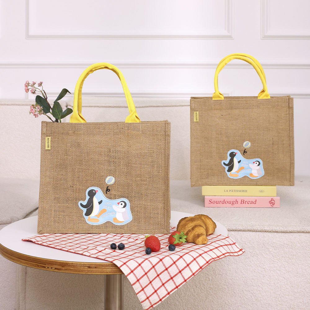 【HOUSUXI】PINGU-皮革刺繡麻布袋L
