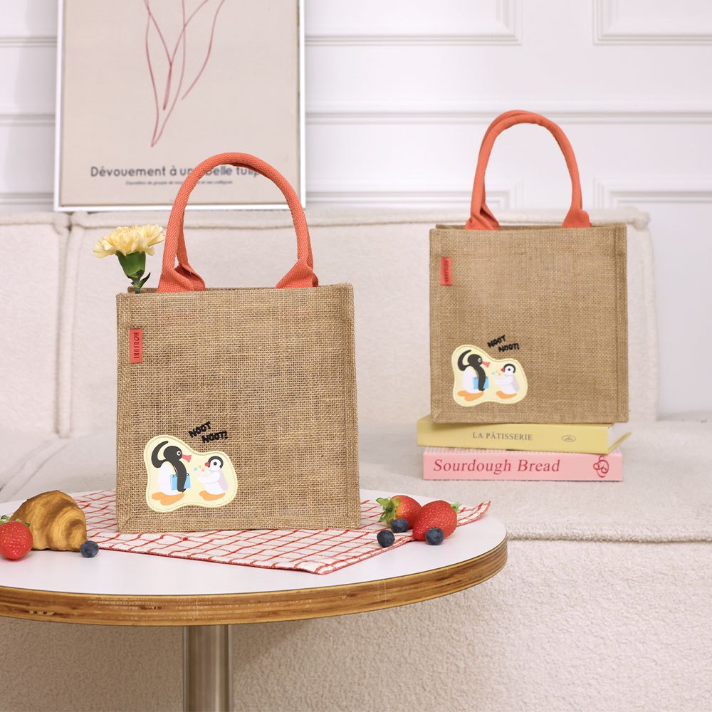 【HOUSUXI】PINGU-皮革刺繡麻布袋M